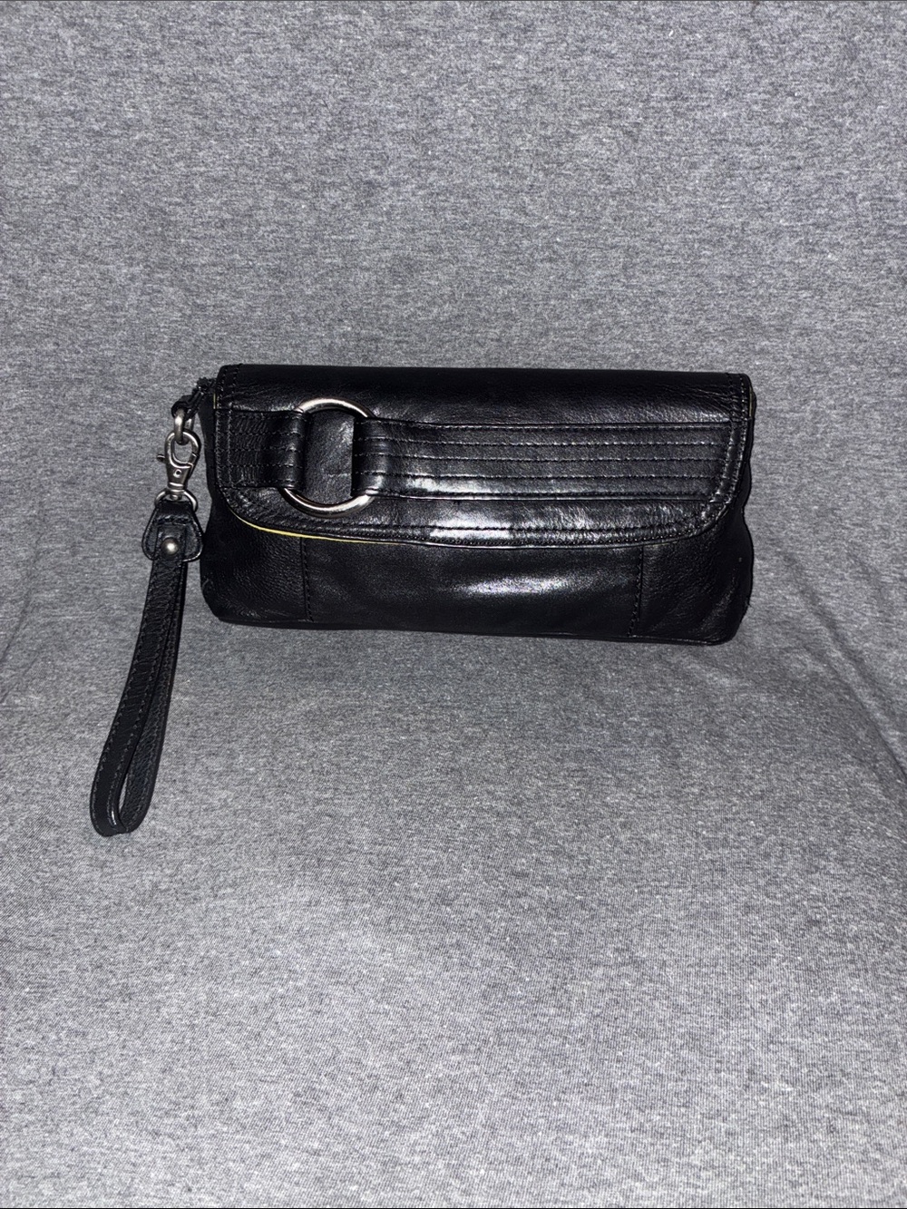 Kenneth Cole Reaction Black Leather Wristlet Clutch with Metal Ring